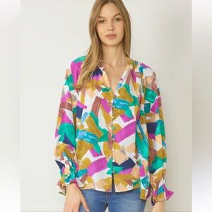 NWT Entro Long Sleeve Button Up Top Multicolor Geometric Print Size Small